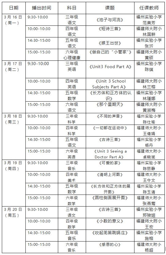 第四周福建省小學(xué)“空中課堂”課表來啦,！