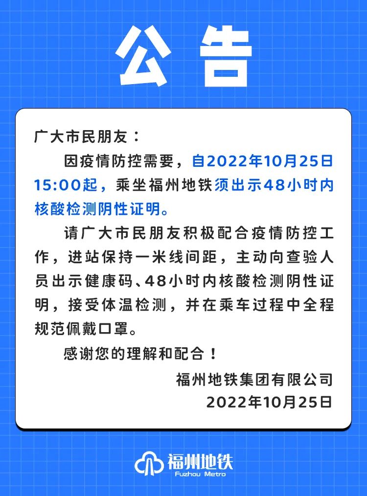 今天15時起,，乘福州地鐵須出示48小時內(nèi)核酸證明?。ǜ介L樂最新地鐵周邊采樣點(diǎn)）